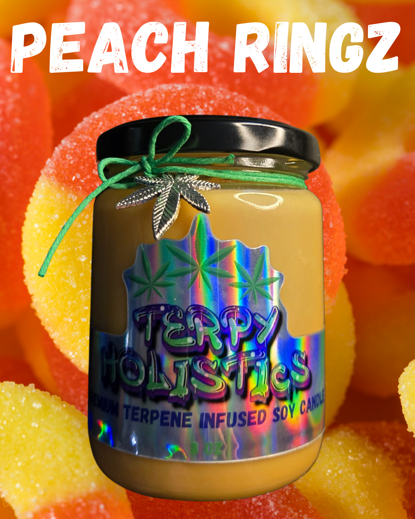 Peach Ringz by Terpy Holistics Premium Terpene Infused Soy Wax Candle All Natural Made in USA Aromatherapy 8oz